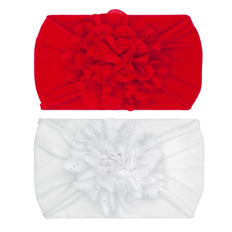 Baby Bling Bows Newborn to Little Girls Hair Bow - EYELET FLOWER HEADBANDS Toddlers Hair Accessories, Made in the USA, One Size (2 Pack Red & White)