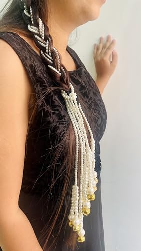 Image of Zippy Flora Mukta Pearl Parandi | Handmade Boho Traditional Paranda Hair Accessory with Pearl Embellishments & Ghoonghru | Women's Ethnic Hair Extension for Choti, Braids & Patiala Shahi Hairstyles