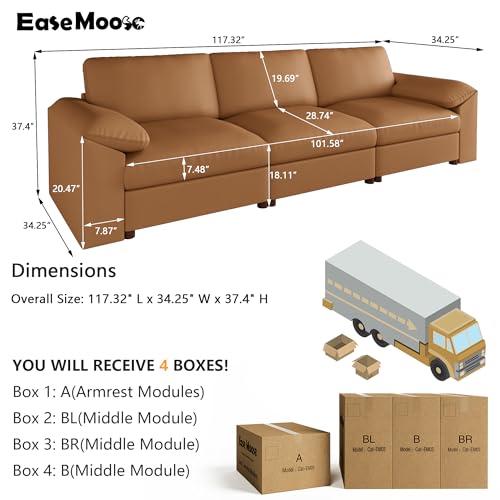 Image of EASE MOOSE Deep Seat Sectional Couch, Scratch Resistant Faux Leather Material, 3-Seat Oversized Modular Sofa for Living Room,Modern Comfy Sofas for Small Spaces, Brown