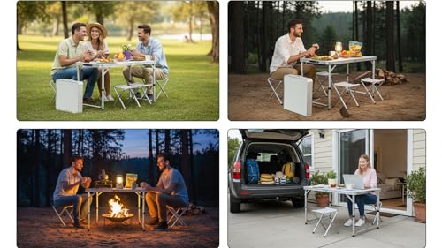 Image of Multipurpose Aluminium Folding Camping Table with 4 Oxford Chairs | Height Adjustable Space-Saving Lightweight Portable Table Set for Picnic, Hiking, Garden, Outdoor, Travel & Indoor Use.