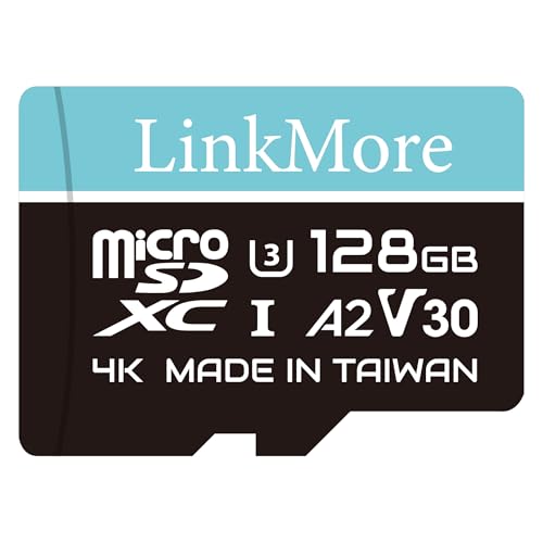 LinkMore 128 GB Lite Micro SD Card, A2, UHS I, U3, V30, Class 10 compatible, max sequential read up to 100 MB/s, max sequential write up to 85 MB/s, SD adapter included