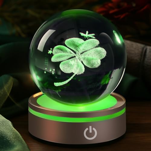 IFOLAINA Lámpara de bola de cristal, trébol de cuatro hojas 3D K9, luz nocturna decorativa, transparente, 3.15 pulgadas, USB recargable, regalo ideal para su cumpleaños, boda, aniversario