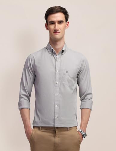 Image of U.S. Polo ASSN. Solid Slim Fit Shirts for Men - 100% Cotton, Full Sleeve Mens Casual Shirts