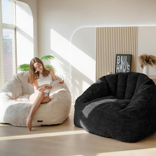 Image of MAXYOYO Giant Bean Bag Chair, Oversized Bean Bag Couch for Adults and Kids, Faux Fur Shell-Shaped Large Chair with Filler, Stuffed Big Accent Sofa Lounge Floor Sofa for Gaming, Reading, Black