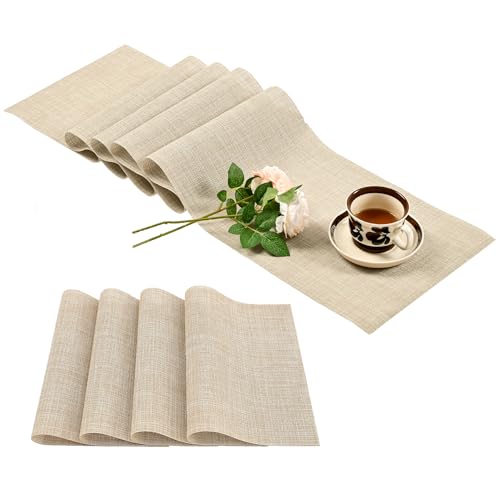 Leetaltree Beige Table Runner and Placemats Set of 5, Heat Resistant Non-Slip Place mats for Dining Table, Washable Durable PVC Vinyl Woven Table Runner Set