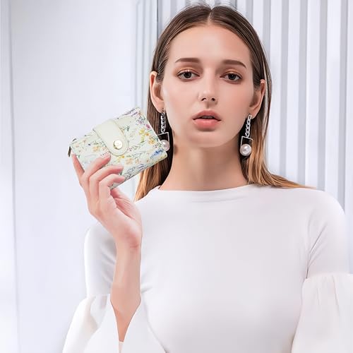 Image of Small Womens Wallet,Bifold Leather Wallet for Women RFID Card Holder Ladies Compact Pocket Wallet for Crossbody Bag (White Floral)