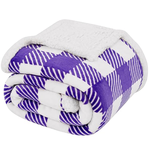 Touchat Sherpa Plaid Twin Blanket 60" X 70", Fuzzy Fluffy Soft Cozy Throw Blanket, Twin Size Plush Fleece Flannel Plush Microfiber Blanket for Couch Bed Sofa (PurpleWhite)