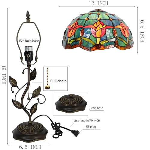 Image of Tiffany Table Lamp Stained Glass Bedside Reading Light W12H19 inch
