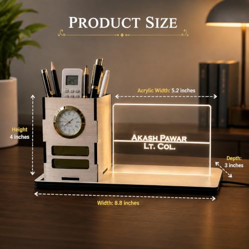 Image of Zesta Wooden Desk Organizer Pen Stand Remote Holder Card Slot | Table Accessory Office Desk Study Room | Pencil Storage Stand Stylish Workspace Decor (Beige, Custom Organiser)