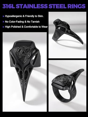 Richsteel Stainless Steel Viking Raven Crow Skull Ring for Men Women Gothic Norse Protection Jewelry(with Gift Box)4