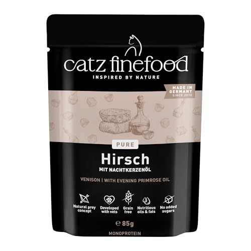 catz finefood Purrrr Hirsch Monoprotein Katzenfutter nass N° 121, für ernährungssensible Katzen, 70{85579d864474d92e29c821f6b130b835b996dc3e5b86f8ebdff52aabdb0219b1} Fleischanteil, 16 x 85g Beutel