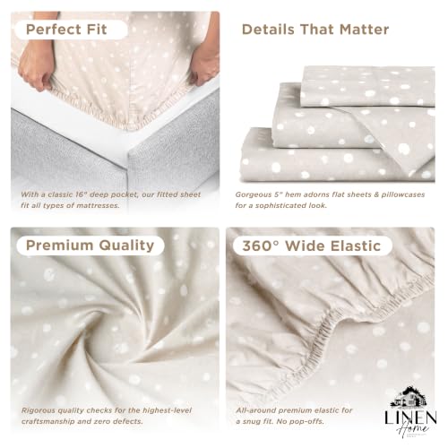 Image of Linen Home 100% Cotton Printed Percale Sheets Cal King Size, Polka Beige