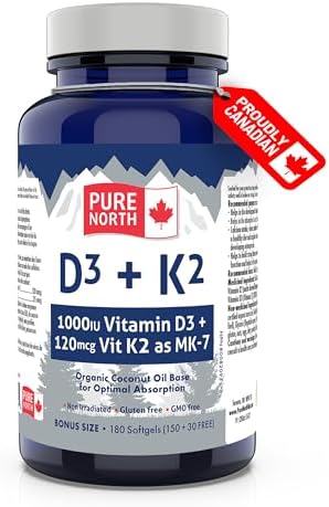 Pure North Naturals - D3 + K2 Vitamin Supplement 180 Softgels 180-Day Supply - Bone & Teeth Health - D3 1000IU + K2 MK7 120mcg with Organic Coconut Oil - 3rd Party Tested - Formulated & Made in Canada