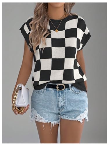 WDIRARA Women's Plaid Checkered Sweater Vest Crew Neck Sleeveless Knit Tops4