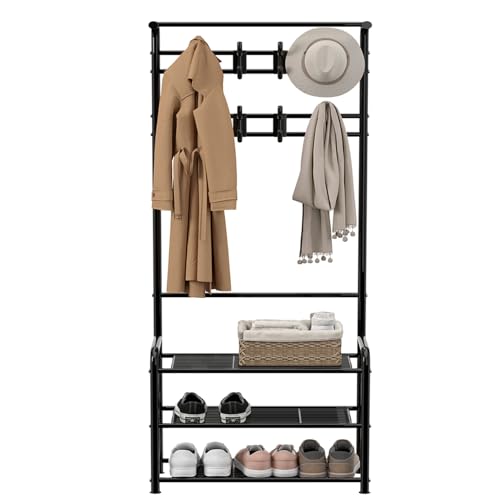 Innotic Coat Rack Stand with Shoe Rack 182cm Removable 16 Hooks Free Standing for Hallway Entryway Narrow Small Space Storage Matte Steel Frame Hat Bag Stand Black