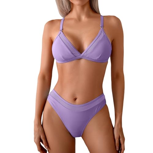 Generisch Conjunto de bikini para mujer, traje de baño de dos piezas, cuello en V, cintura baja, espalda cruzada, tirantes delgados para atar uno mismo, azul Jean, Color lila claro., M