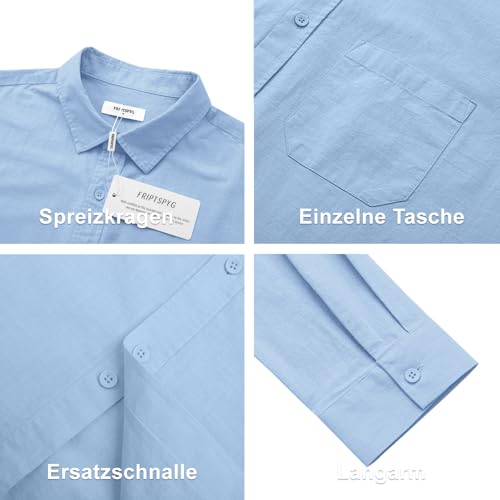 Friptspyg Leinenhemd Herren Langarm Baumwolle Leinen Hemd Herren Freizeithemden Casual Regular Fit Sommerhemd mit Tasche, Himmelblau 2XL 4