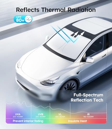 Image of Wigoo Tesla New Model Y Accessories Windshield Sunshade [OEM Design, 100% Sun Blockage] Foldable Heat Insulation Sunshade with Storage Bag, for Model Y 2020~2026 (Juniper), Silver Coating