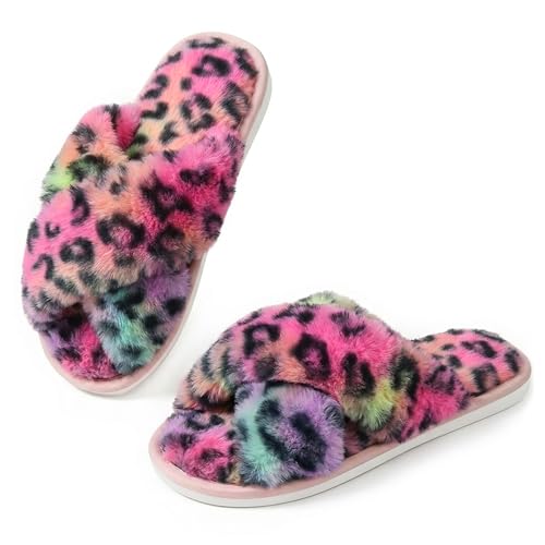 Image of Ankis Women's Fuzzy Slippers Cross Band Memory Foam Open Toe Comfy Soft House Shoes Anti-Slip Indoor Outdoor Gifts for Women