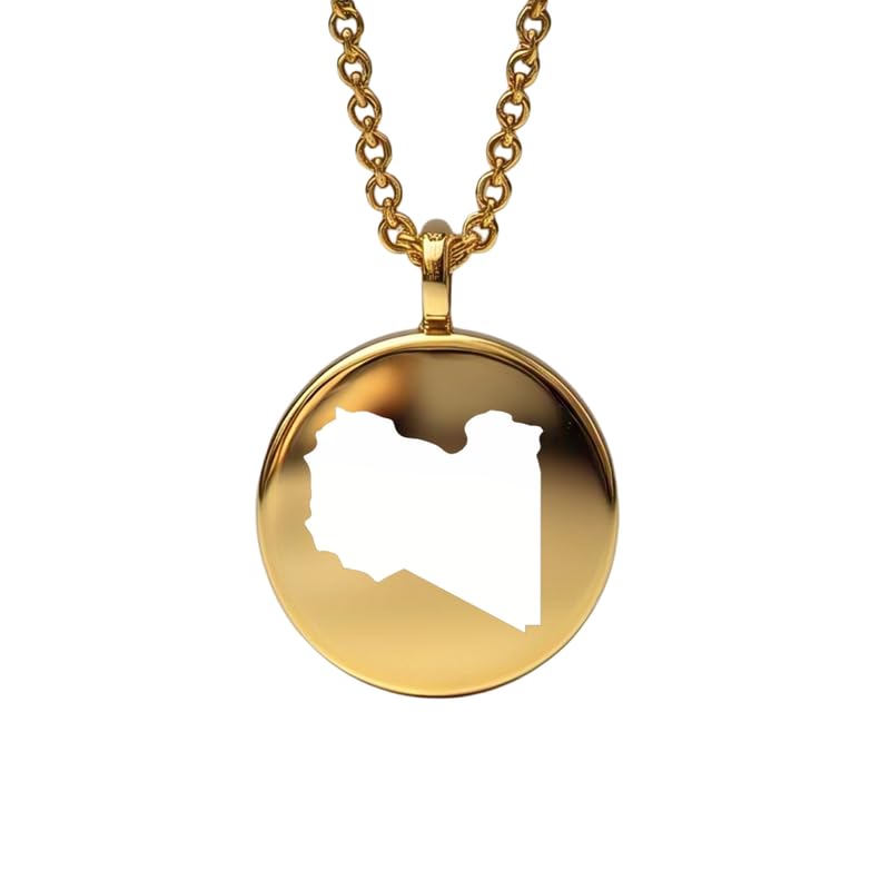 Pendentif carte de la Libye en argent sterling plaqué or 14 carats, forme ronde de 24 mm et épaisseur de 1,5 mm, breloque Terre, bijou de voyage délicat | Médaillon gravé Aventure | LKB_MAP_573