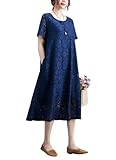 [Hanmall] ネイビー レース ワンピース 半袖 レディース 大きいサイズ 体型カバー カジュアル ゆったり 春夏秋 パーティー ラウンドネック レース ロング フレアワンピース 女性用ファッション