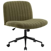 IWMH Criss Cross Chair with Wheels, Armless Wide Seat Office Chair, Teddy Fabric,Cross Legged Desk Chairs,Height Adjustable Computer Task Chairs,Swivel VanityChair,Bedroom,Make Up,Small Space,Green