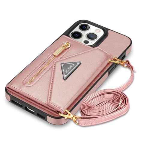 Housse iPhone 16 rose en cuir pour fille avec porte-monnaie zippé et antichoc