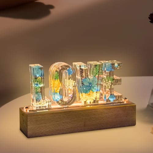 Image of Floral Letter LED Night Light: Resin Dried FlowerLetters Lamp with USB - Handmade Pressed Flower Nightlight Unique Customized Gift for Home Decoration (TP-Blue Flower, 1)