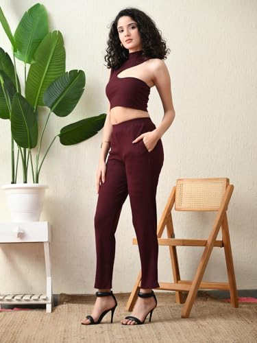 Image of Maroon Asymmetric Ribbed Co-ord Set
