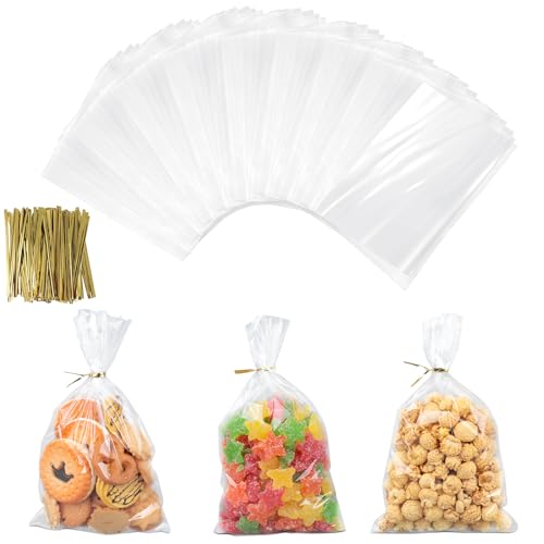 AiQInu 200 Pièces Sachet Transparent avec Cravates, 25 x 15 cm Sachet Transparent Bonbon Sachets...