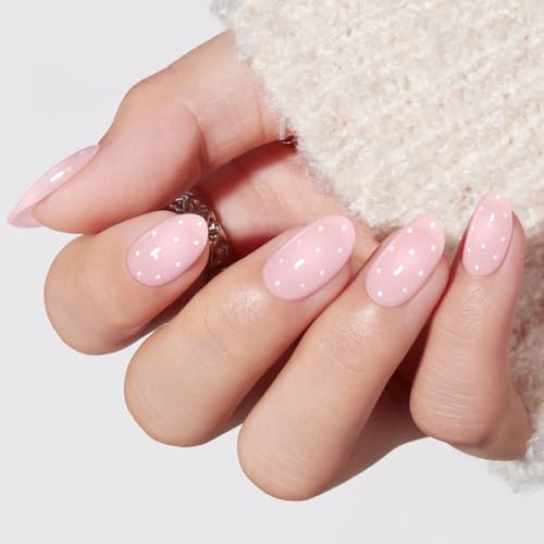 modelones Pink Short Polka Dot Press on Nails Semi-Transparent Oval Fake Nails Kit Press Ons with Nail Glue Adhesive Tabs Nail File Prep Pad Manicure Stick 32Pcs 16 Sizes Spring Women Girl Gift