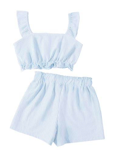 Image of Girl's Summer Clothing Sets Knit Ruffle Striped T-Shirt and Shorts 2 Piece Outfits