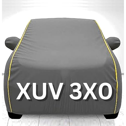 Image of 100% Waterproof Car Cover for XUV 3X0 UV Protection, Dustproof, Windproof | Custom Fit with Mirror Pockets, Belt & Buckle | All Weather Outdoor Body Cover (Grey, 3XO)