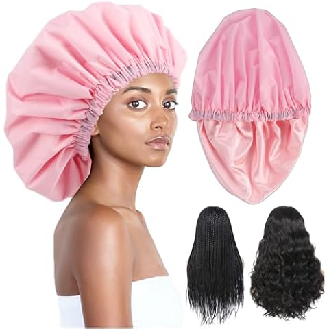 Shower Cap for Braids,Extra Large Shower Cap for Women Long Hair,Braid Shower Cap for Long Braids,Jumbo Shower Cap Reusable Waterproof for Thick Hair,Locs (X-Large,Pink) Cover