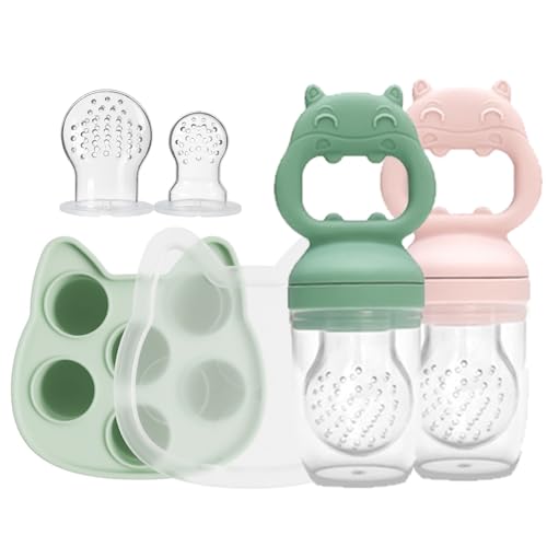 Fruchtsauger Baby, 2 Stück Silikon Obstschnuller (mit Eiswürfelform) | Muttermilch-Eiswürfelform zum Abkühlen des Babys, BPA-freies Silikon, für Obst, Gemüse & Babynahrung Beißring (Grün+Rosa)