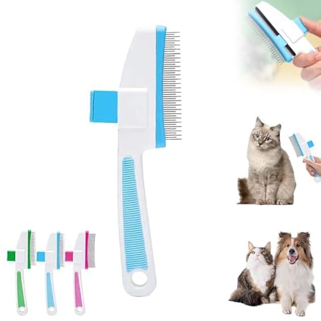 Pet Hair Removal Comb Flea Comb, Cat Brush with Release Button, Cat Grooming Brushes for Indoor Cats Shedding, Cleaning Shedding Pet Hair Remover for Dogs Cats Pet Grooming Brush Tool (Blue, 1PC)-uJx6iX0N