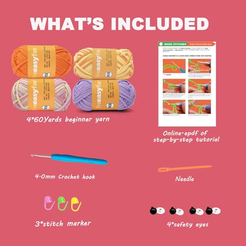 Image of 4x50g Beginner Crochet Yarn for Crocheting and Knitting; Beginner Easy Yarn kit with Tool Set (Macaron+Yellow+Orange+Purple, 4 Skein)