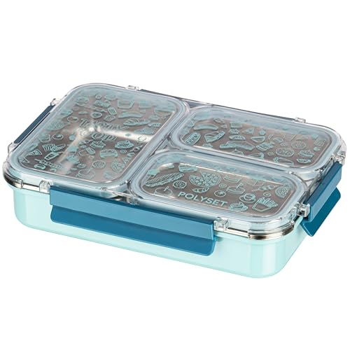 Image of Polyset Munch Mate 800 3 PARTITION - Blue Compartment Stainless Steel Lunch Box, Leakage Proof Lunch Box for School Kids and Adults Pack of 1 800ml