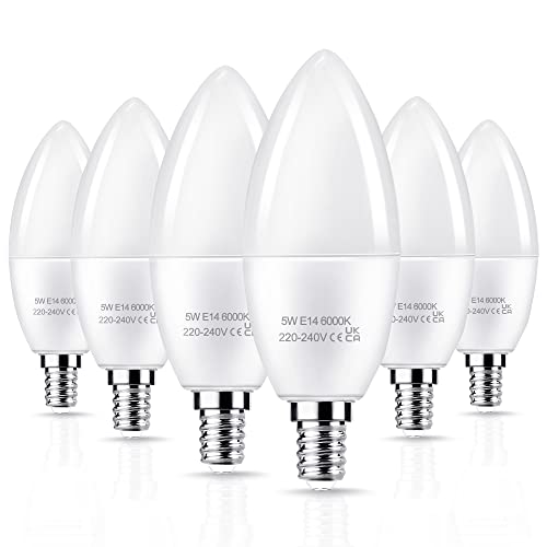 EvaStary Bombillas LED E14 para velas, 5 W, 400 lm, pequeña bombilla de tornillo Edison, equivalente incandescente de 40 W, 6000 K, blanco frío para candelabros, lámparas de pared, paquete de 6 Cover