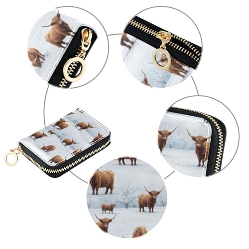 Small Wallet Women RFID Blocking Credit Card Wallets Leather Zipper Change Purse with Key Ring Winter Highland Cows Snow4