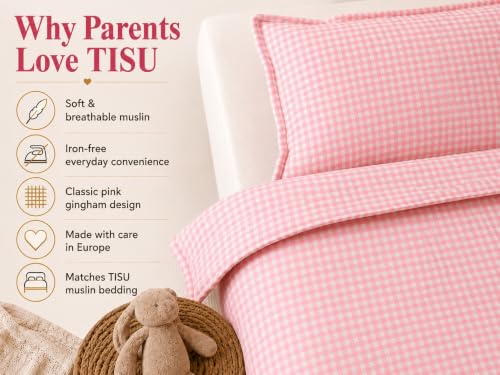 Image of TISU Toddler Crib Duvet Cover Sized 47 x 59 inch Gingham Patterned Soft Muslin Double Gauze Bedding Boy Girl Nursery Kids Sheet Bedsheets (Pink Gingham /Toddler)