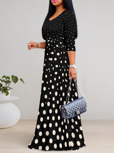 Image of Maxi Dress for Women with Sleeves, Empire Waist Dress | A-line shape, self-tie belt, side pockets and pull-on design; stretch fabric for church, work and casual wear