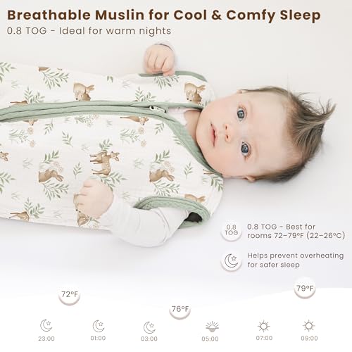 Image of Konssy Muslin Baby Sleep Sack 0-6 Months, 0.8 TOG Baby Wearable Blanket | 2 Pack, Two-Way Zipper, 100% Cotton, Soft & Breathable Sleeping Sack, Infants and Toddlers Nursery Essentials (Woodland,Sage)