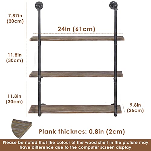 Gwh Industrial Pipe Shelving Wall Mounted - (3 Tier - 24In) Rustic Metal Floating Shelves, Farmhouse Real Wood Hanging Book Shelves, Farmhouse Kitchen Bar Shelving #TOP1