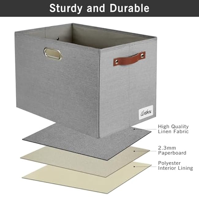 3-Pack Foldable Fabric Storage Bins with Durable PU & Metal Handles, Collapsible Storage Baskets for Shelves, Home Storage, Closet Organizers, Living Room(17x11.8x11.8, Grey)