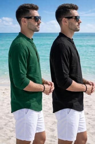 Image of Men's Cotton Blend Straight Kurta Shirt Combo with Mandarin Collar - Slim Fit Casual Short Kurti Set Featuring Textured Slub Fabric and Roll-Up Full Sleeves