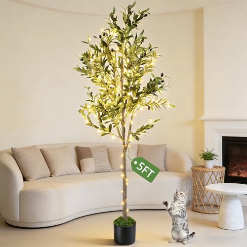 5FT Faux Olive Tree w Lights Planter & Wood Trunk Artificial Indoor Decor