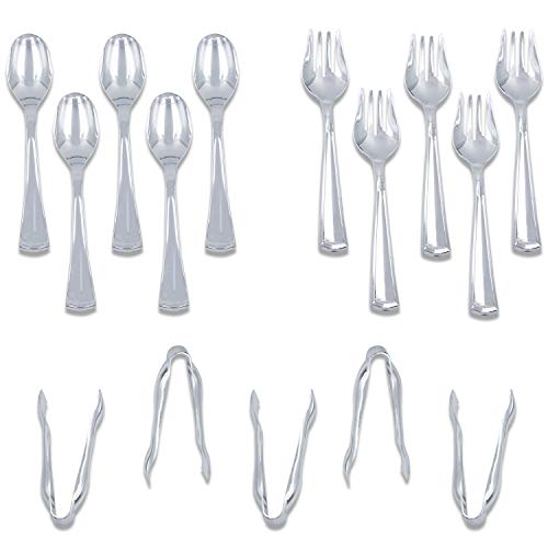 Plastic Serving Utensils Silver Disposable Catering Silverware Set of 15 5 Tongs 5 Forks 5 Spoons