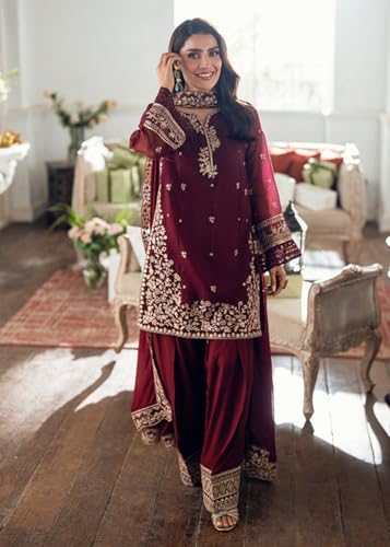 Image of Women's French Crepe Kurta Set with Organza Dupatta | Floral Thread Embroidered Ethnic Suit Set | Straight Kurta Pant Set Round Neck Festive Indian Wear