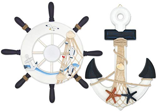 ESTART 2 Pack 13” Nautical Decor Wooden Ship Steering Wheel and Anchor with Fishing Net Rope, Nautical Boat rudder Wall Decoration Door Hanging Ornament (13”-1)